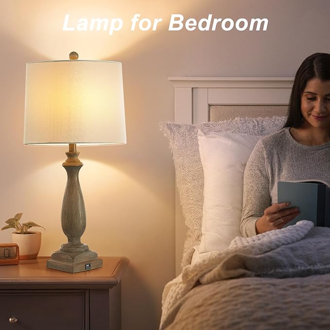 𝟐𝟔-𝐈𝐍𝐂𝐇 Rustic Table Lamp Set of 2 for Living Room, Vintage Farmhouse Bedside Lamp with USB Charging Port, 3 Way Dimmable Resin Nightstand Lamps with White Shade for Bedroom, End Table-Ruum Studio Home