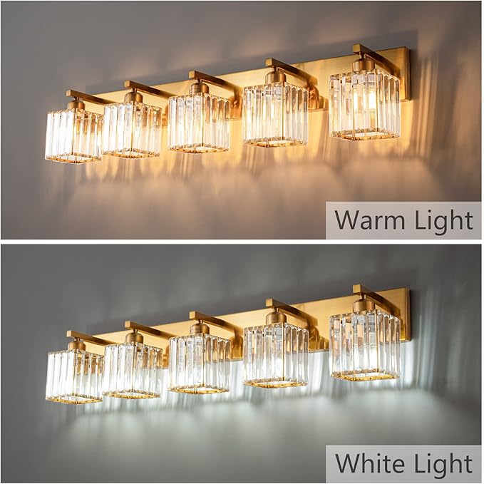 Modern 5-Light Gold Brushed Brass Finish Crystal Wall Light for Bathroom Vanity-Ruum Studio Home