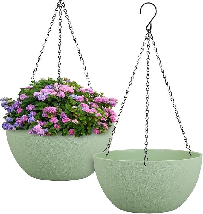 12 inch Large Hanging Planters Plant Pots for Indoor Outdoor Plants, 2 Pack Hanging Flower Pots with Drainage Holes and Chain for Garden Porch, Plastic Hanging Baskets for House Plants, Green-Ruum Studio Home