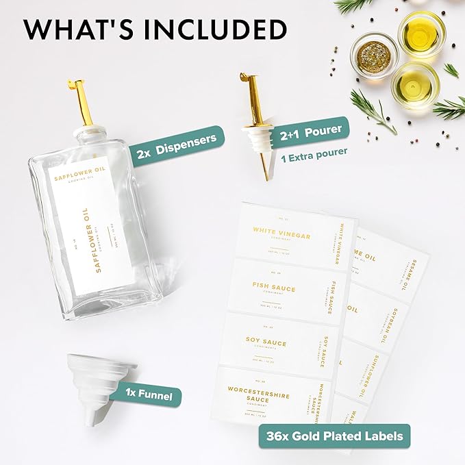 Glass Olive Oil Dispenser Bottle Set [2x12oz]: 36 Premium Gold Labels, Oil Dispenser for kitchen, Vinegar Bottle Set, Glass Dispensers for Soy Sauce, Syrup Bottles | Set of 2-Ruum Studio Home