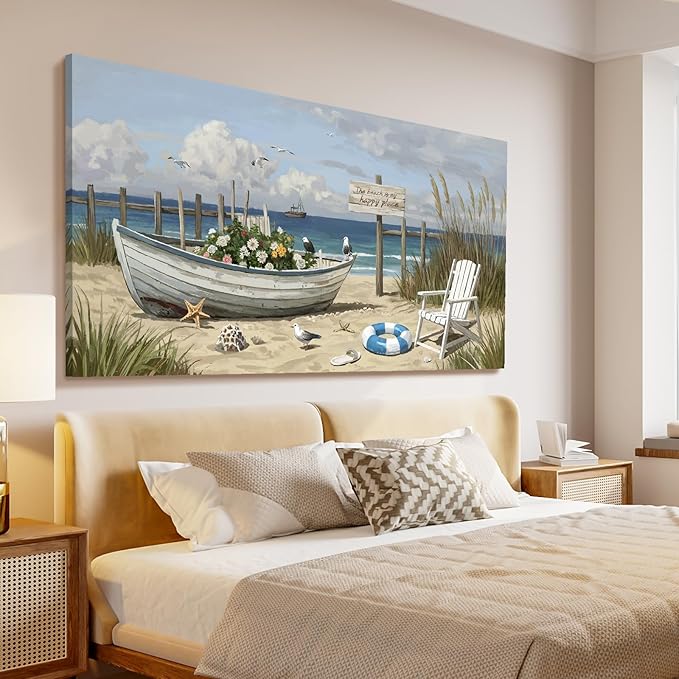 amatop Oversized Coastal Canvas Wall Art – Nautical Seaside Landscape Floral Boat on Sandy Beach Ocean Seabirds Horizontal Decor Large Wildflower Nature Artwork for Living Room Bedroom Office 58×29 Inch-Ruum Studio Home