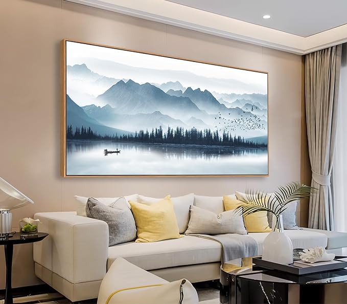 Indigo Framed Canvas Wall Art Misty Mountain Wall Pictures Foggy Lake Boat Canvas Painting Prints Forest Birds Canvas Wall Decor for Living Room Bedroom Decorations Framed 20" x 40" Natural-Ruum Studio Home