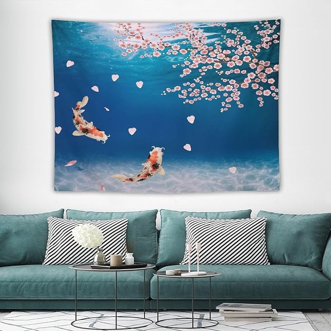 Japanese Koi Fish Tapestry, Cherry Blossoms Asian Oriental Blue Floral Branch Koi Fish Carp Tapestries Wall Hanging for Bedroom Living Room Office Decor 80"x60"-Ruum Studio Home