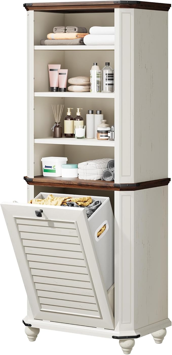 DWVO Tilt Out Laundry Hamper, Farmhouse 4-Tier Storage Cabinet with Removable Laundry Basket, Laundry Hamper Organizer with 2 Adjustable Shelves for Laundry Room, Bathroom, White-Ruum Studio Home