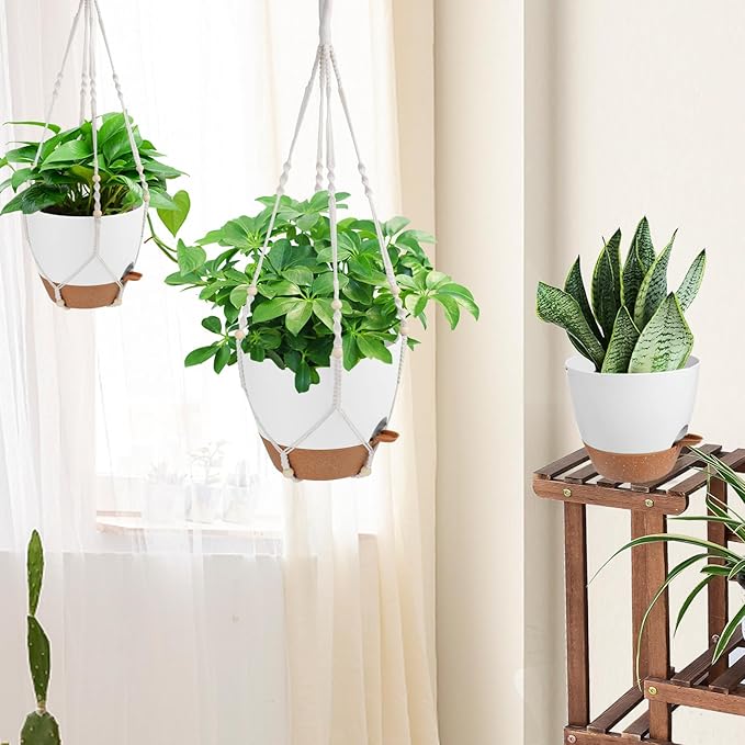 41.5 Inch Macrame Plant Hanger Indoor Outdoor with 12 Inch Flower Pot, Hanging Planter for Plants Holder with Wood Beads for Boho Home Decor (Ivory+White)-Ruum Studio Home