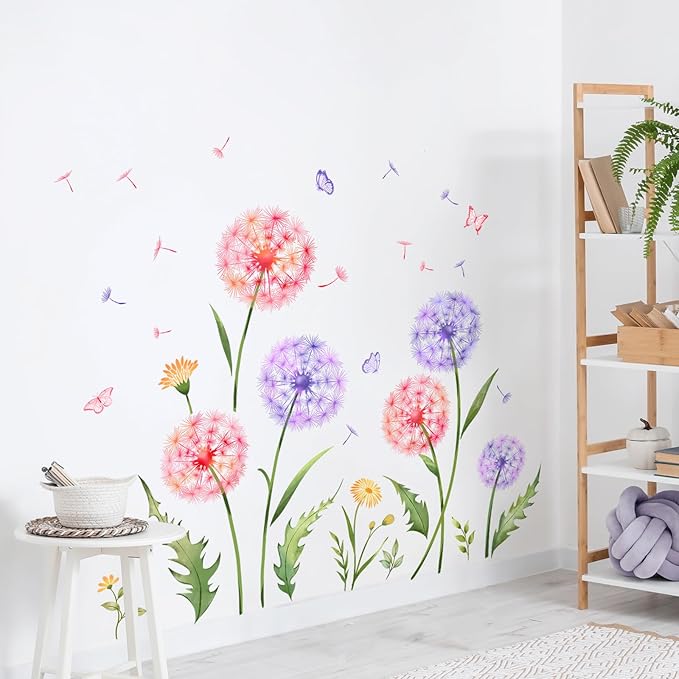Dandelion Flower Butterfly Wall Decals Pink Purple Dandelion Plants Wall Stickers Peel and Stick Vinyl Wall Art Decor for Living Room Bedroom Office TV Sofa Backdrop Home Decor Gifts for Mom-Ruum Studio Home