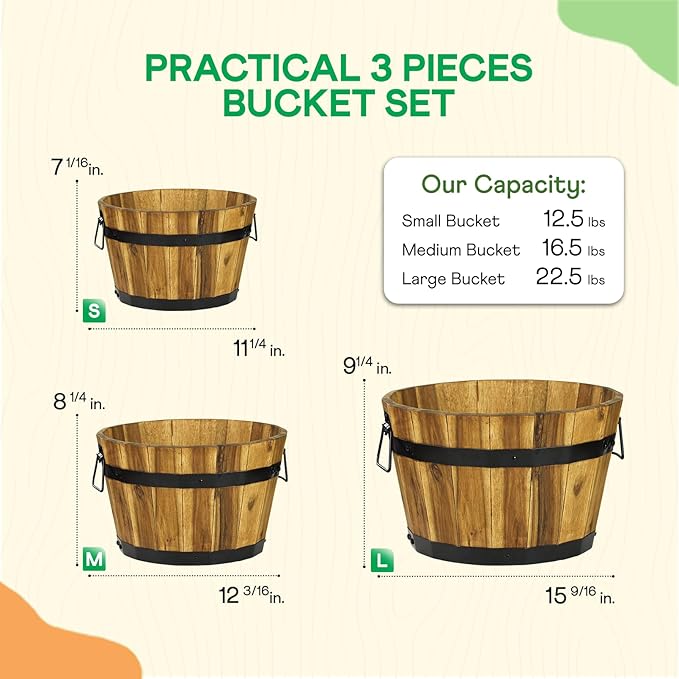 IDZO Set of 3 Wooden Flower Planters for Outdoor Plants, Acacia Wood Barrel Planters, Ergonomic Handles, Drainage Holes, Various Sizes, Golden Teak-Ruum Studio Home