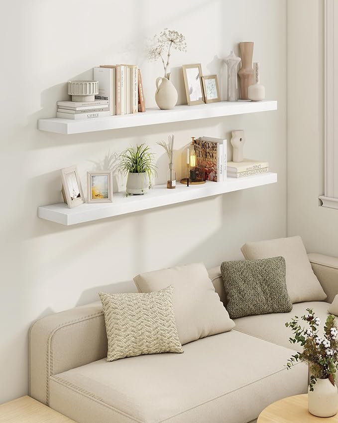 Marsmiles 31.5" Floating Shelves for Wall, Wooden Shelves with Invisible Brackets Set of 2, Rustic Farmhouse Wall Mounted Shelf for Kitchen Bathroom Living Room Study, White-Ruum Studio Home