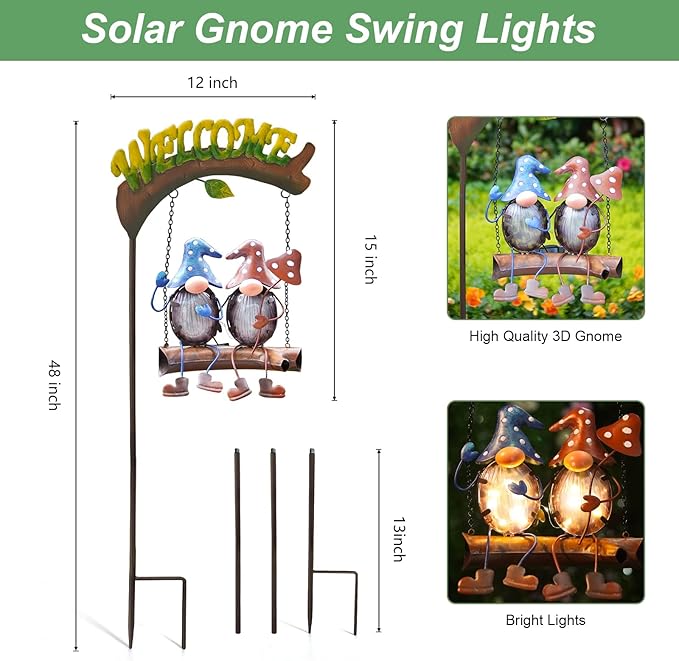 HONGLAND Gnome Garden Decor with Solar Lights, Funny Gnomes Swing Outdoor Decor, Gardening Gifts for Women Mom, Gnomes Yard Decorations with Welcome Sign for Lawn Porch Backyard Patio-Ruum Studio Home