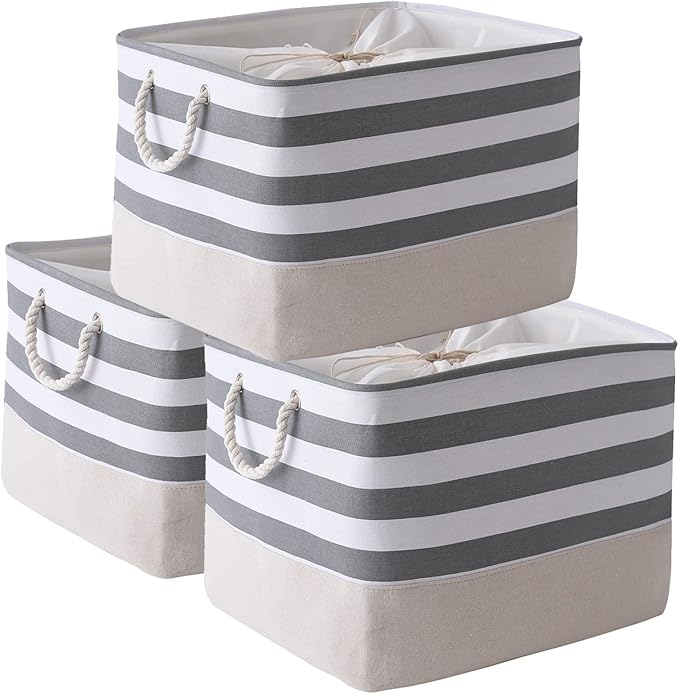 TheWarmHome Jumbo Storage Bins Baskets, Sturdy Fabric Organizing Basket W/Handles, Decorative Foldable Storage Baskets for Shelves Closet Nursery Toy (Grey&White Stripes 3 Pack, 20.5Lx15.7Wx13.8H in)-Ruum Studio Home