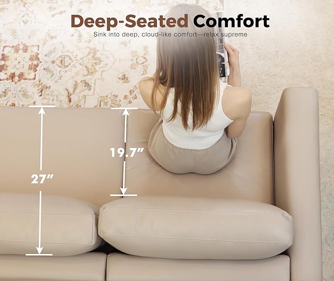 ABCASA Faux Leather Single Sofa, Modern Accent Chair Whitesand with Storage Deep Seat Large Reading Armchair for Living Room Bedroom Office-Ruum Studio Home