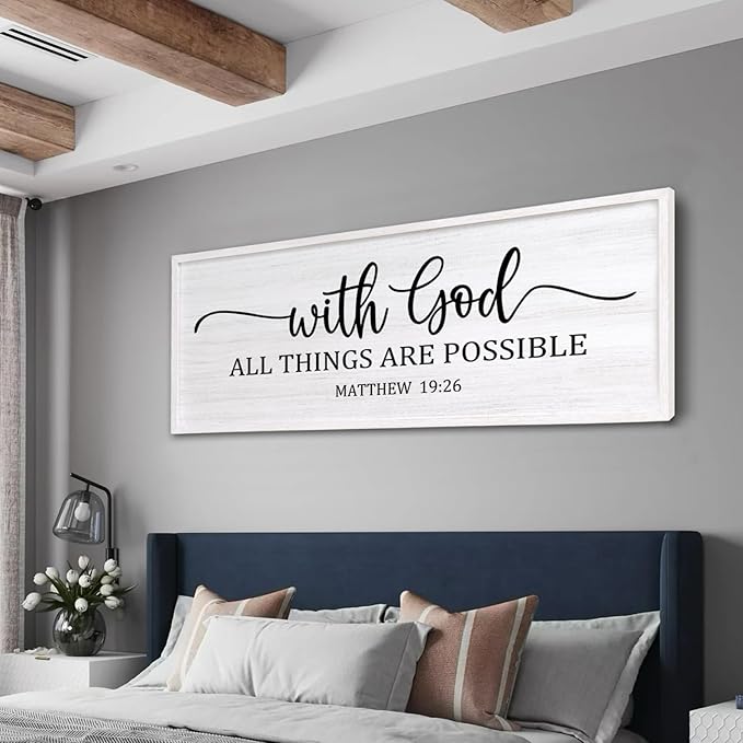 With God All Things are Possible Framed Wall Art, 40''×15'' White Holy Religious Rustic Bible Verse for Christian God Jesus Christ Prayer, Positive Horizontal Inspirational Catholic Scripture Decor-Ruum Studio Home