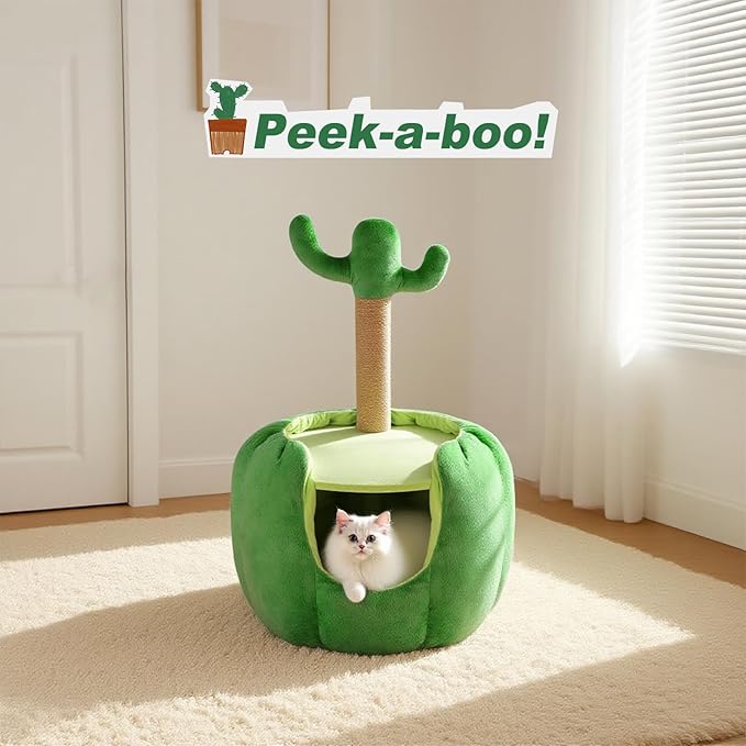 Cat Houses for Indoor Cats, Small Cat Tree with Sisal Ropes and Plush Perch, Cute Cat Bed Cave with Soft Pillow, Cactus Design-Ruum Studio Home