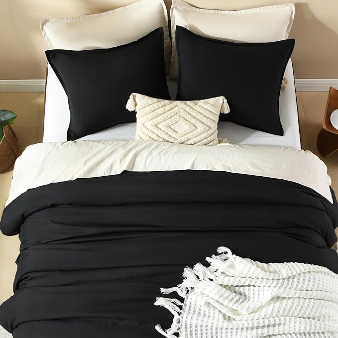 Litanika Black Comforter Full Size, 3 Pieces Boho Lightweight Solid Bedding Comforter Set, All Season Fluffy Bed Set (79x90In Comforter & 2 Pillowcases)-Ruum Studio Home