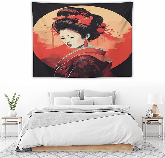 Japanese Woman Geisha Tapestry Asian Cherry Blossom Red Sun Traditional Kimono Folk Tapestries Home Decor for Living Room Bedroom Apartment Farmhouse Dorm 40"x30"-Ruum Studio Home