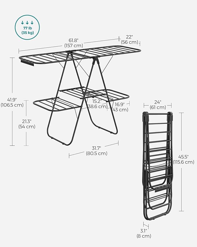 SONGMICS Clothes Drying Rack, Foldable 2-Level Laundry Drying Rack, Free-Standing Laundry Airer, with Height-Adjustable Wings, 33 Drying Rails, Sock Clips, Black ULLR053B01V1-Ruum Studio Home