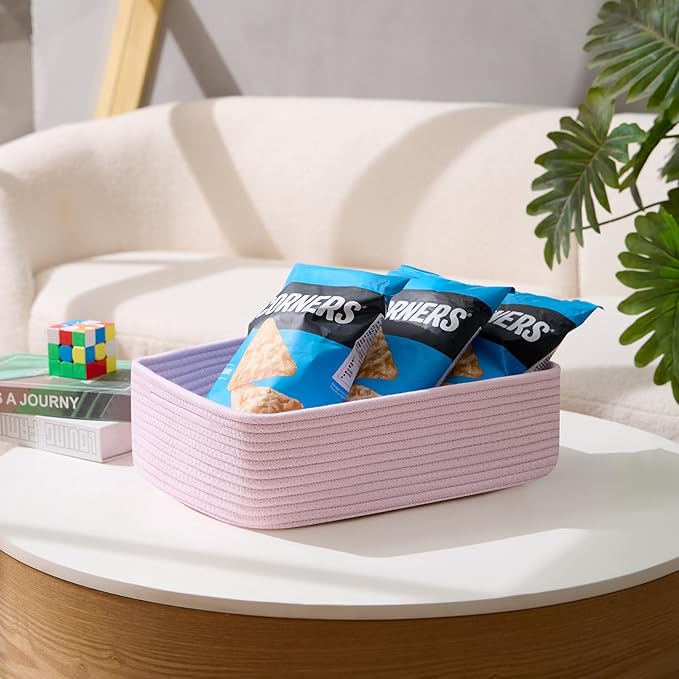 Large Shallow Organizing Baskets 15x11x5.1 Inches - Rope Woven Storage Bins for Bathroom, Shelves, Cube Closet, Light Pink 2 Packs-Ruum Studio Home