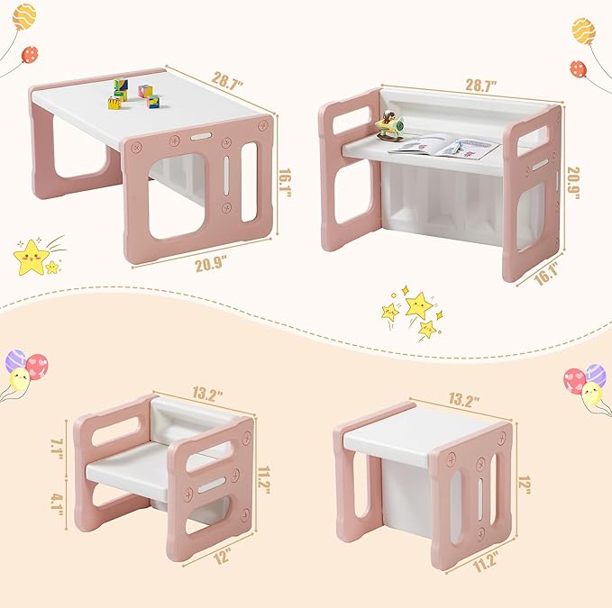 3 in 1 Montessori Weaning Table and 2 Chairs Set, Kids Desk and Chair Set, 2 Height Levels, Toddlers Activity Table for Drawing, Dining, Reading and Playing, Pink-Ruum Studio Home