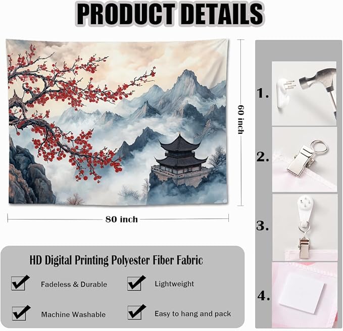keowhsf Japanese Tapestry Aesthetic Wall Decor – Watercolor Ink Landscape with Red Plum Blossoms and Misty Mountains, Asian Art Hanging for Bedroom, Living Room, Dorm-Ruum Studio Home