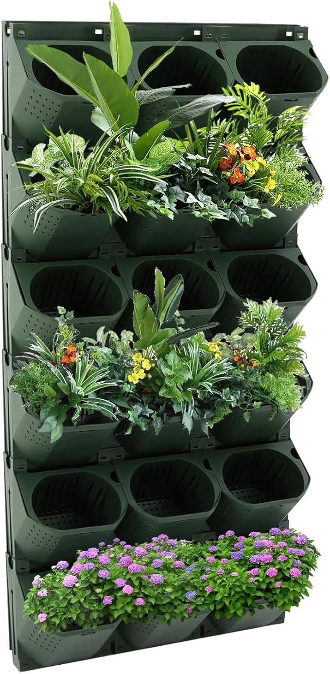 12Pieces 3-Pot Wall Planter Vertical Garden Plant Walls Wall Mounted Vertical Planter with Water-Storage Layer Stackable Wall-Mounted Flower Pot for Gardens, Balconies 180.78lbs Total Capacity (Green)-Ruum Studio Home