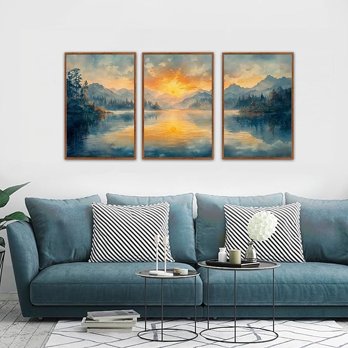 KAlRNE Sunset Mountain Canvas Wall Art,Abstract Scenery Wall Painting,Blue Landscape Lake Pictures,Watercolor Mountains Forests Art Prints For Living Room Bedroom Office Decoration - Framed 16X24 Inch-Ruum Studio Home