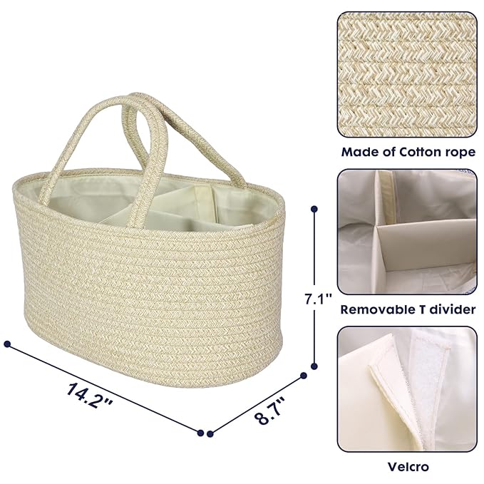 Baby Diaper Caddy Organizer for Girl Boy Cotton Rope Nursery Storage Bin Basket Portable Holder Tote Bag for Changing Table Car Travel Baby Shower Gifts Newborn Registry Must Have Items oatmeal-Ruum Studio Home