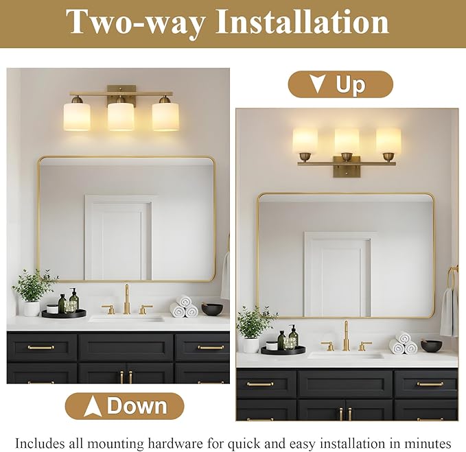 Stainless Steel Milk Glass Vanity Lights for Bathroom, 3 Light Brass Bathroom Light Fixtures Over Mirror, Ceramic E26 Sockets Wall Mounted-Ruum Studio Home