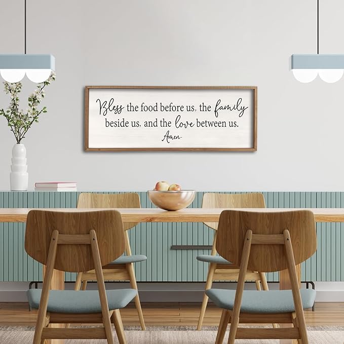 Bless the Food Before Us Sign Wall Decor 40"X15" Large Farmhouse Dining Room Wall Decor Framed Wood Rustic Home Wall Art Kitchen Hanging Decoration (Wood White)-Ruum Studio Home