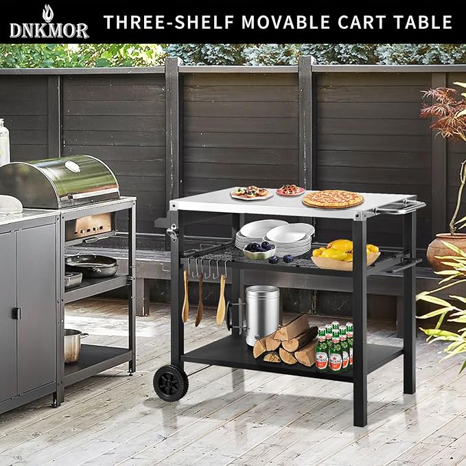Dining Cart Table with Three Shelf, Movable Outdoor BBQ Grill Table Pizza Oven Stand with Three Hooks, Kitchen Cart Island Multifunctional Food Prep Table for Inside and Outside (Sliver)-Ruum Studio Home