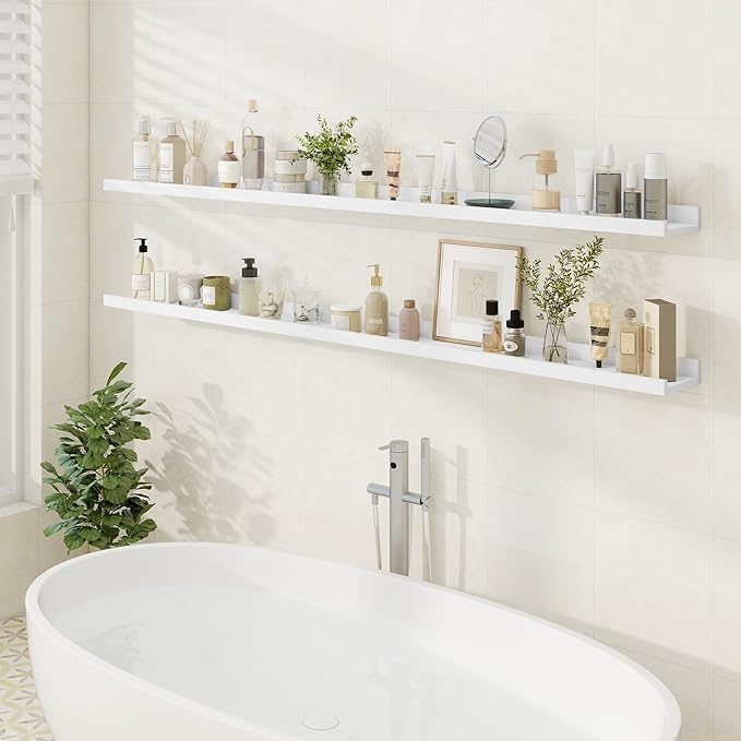 Floating Picture Ledge Shelves 72 Inch Solid Oak Wood Set of 2, Rustic Wall Storage Shelves with Lip, Kids Bookshelf, Photo & Picture Ledge Shelves for Bedroom, Living Room, Kitchen-Ruum Studio Home