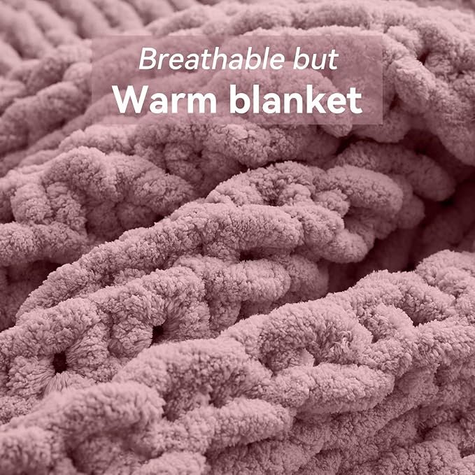 Chunky Knit Throw Blanket, 40''*50'' Knitted Throw Chenille Yarn for Bed Couch, Handmade Muted Pink Crochet Big Thick Blanket, Machine Washable Cute Comfy Blanket for Home Decor-Ruum Studio Home