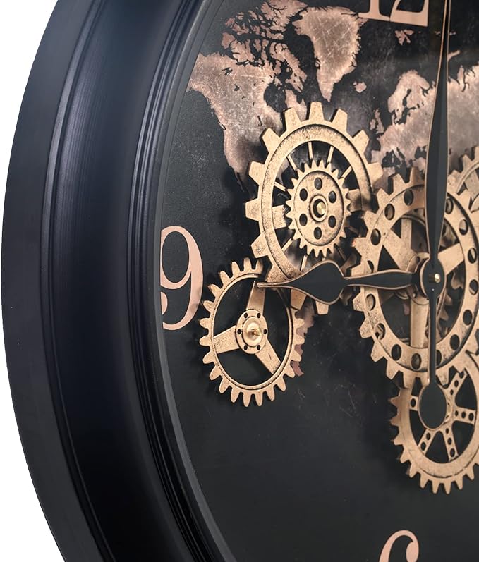 CLXEAST 24 Inch Moving Gear Wall Clock with World Map Pattern,Large Black Gold Metal Wall Clock for Modern Farmhouse Living Room Decor,Reloj De Pared para Sala-Ruum Studio Home