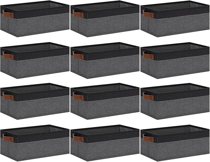 GhvyenntteS Small Fabric Storage Bins 12 Pack, 11.8" x 7.87" x 5.11" Storage Basket with Leather Handles, Closet Storage Bins for Shelves, Storage Baskets for Shelves, DVD Storage (Grey/Black)-Ruum Studio Home