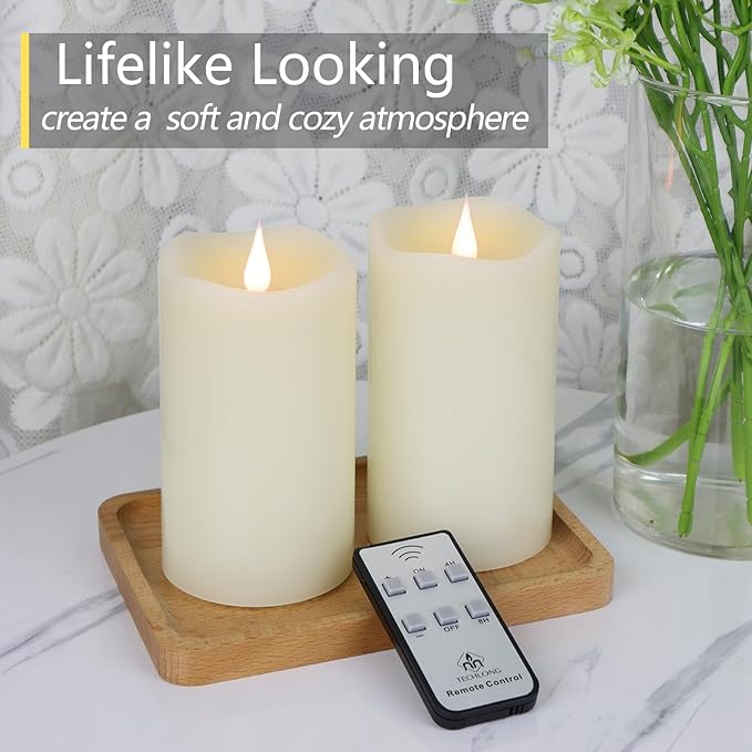 Flameless Candles Battery Operated with Remote Timer, 3D Moving Flame Flickering, Last 600+ Hours Battery Candles, 3" x 5" Ivory Real Wax Electric LED Candle for Wedding Party, Set of 2-Ruum Studio Home