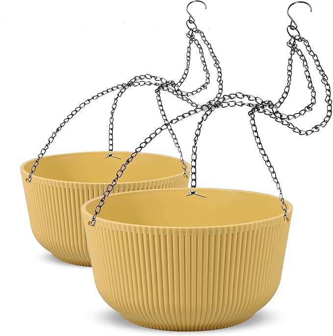 Dexceder 11.2 Inch Self Watering Hanging Planters Indoor Outdoor, Thickened Hanging Basket Flower Plant Pot (2 Pack, Yellow)-Ruum Studio Home