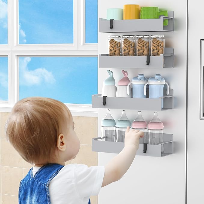 4 Pack Magnetic Spice Rack Organizer for Refrigerator and Oven, Light Gray Fridge Organizers and Storage for Kitchen-Ruum Studio Home