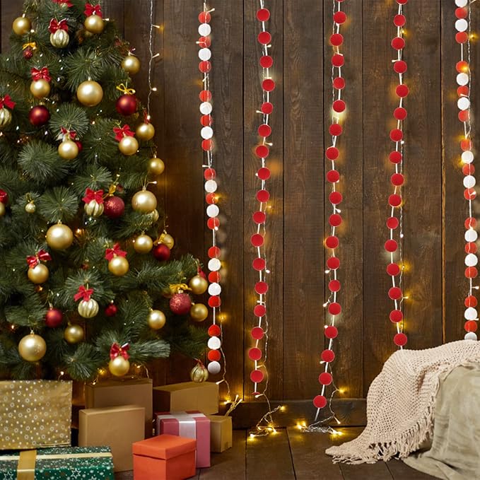 Jishi 3Pk Red Felt Berry Pom Pom Ball Garland Christmas Decorations Indoor Home Decor, Cute Red Berry Christmas Tree Ornaments, String of Pompom Bead Garland Hanging Xmas Holiday Birthday Party Banner-Ruum Studio Home