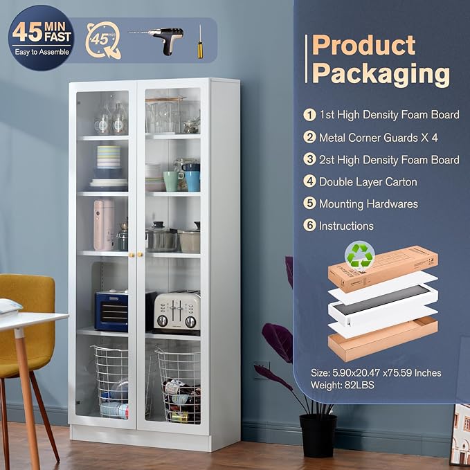 32" Wide Metal Storage Cabinet with Acrylic Doors and 4 Adjustable Shelves, 71" Tall Bookshelf, 5-Tier Freestanding Kitchen Pantry Cabinet with Anti-Tipping for Small Spaces/Kitchen/Living Room-Ruum Studio Home