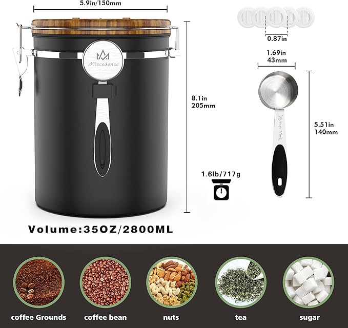 35OZ Coffee Canister for ground coffee with Date Tracker,Wood grain lid 304 Stainless Steel Kitchen Food Airtight storage container for Coffee Beans or Grounds, Tea, Sugar(35oz-grain)-Ruum Studio Home