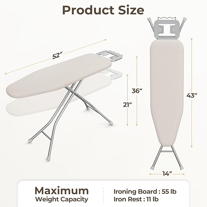 Yaheetech Foldable Ironing Board, Heavy Duty Iron Board with 9 Adjustable Heights, 4 Layer Cover and Safety Iron Rest, 52X14 Compact and Space Save Iron Board for Home Laundry Room Use, Beige-Ruum Studio Home
