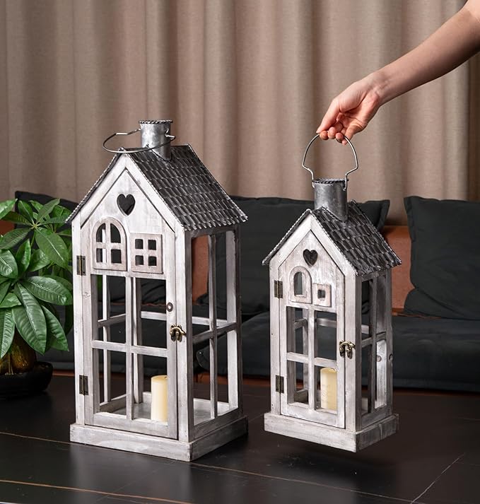 Large Farmhouse Wooden Metal Candle Lantern Set of 2, Rustic Decorative Floor Lanterns, Indoor/Outdoor Village Houses Lantern for Home Decor (No Glass)-Ruum Studio Home