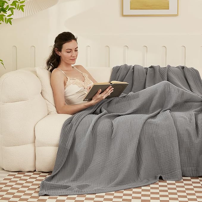 EMME Cotton Muslin Blanket King Size - Soft, Breathable Layering Blanket, 108"x90", All Season Gauze, Grey-Ruum Studio Home