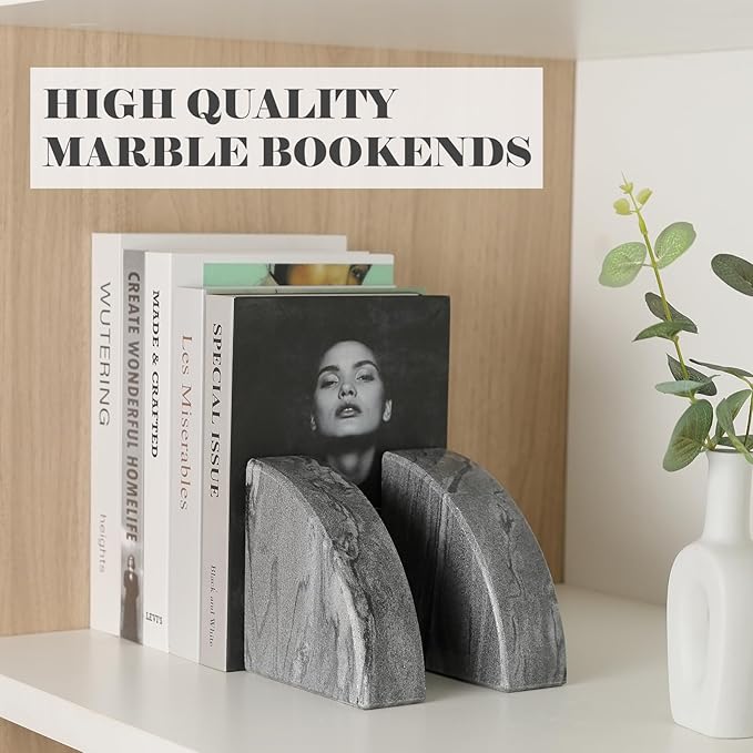 Marble Bookend for Shelves, Non-Skid Bookends for Heavy Books, Heavy Duty Book Stopper for CDs, Luxury Book Shelf Holder, Quarter Circle Design Book Ends Decorative, Monte Grigio, Set of 2-Ruum Studio Home