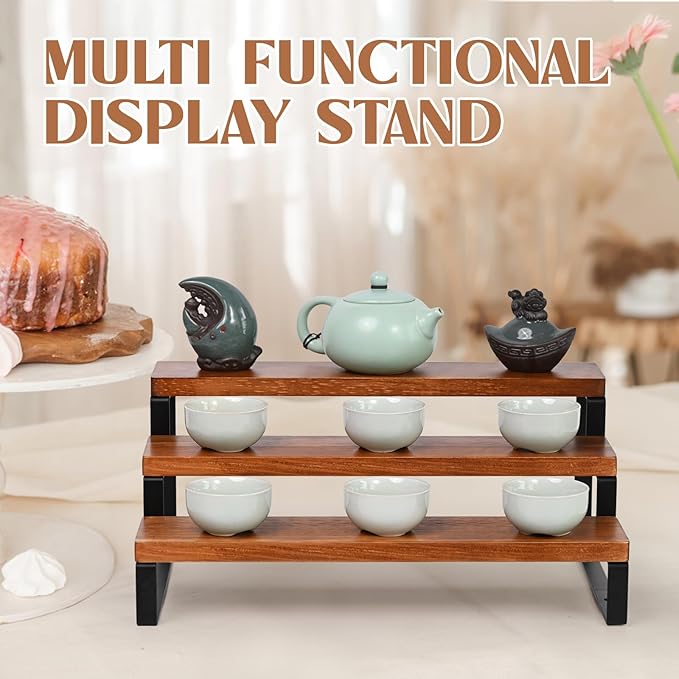 3 Tier Wooden Display Riser Stand Perfume Organizer with Metal Stand, Dessert Table Display Set, Food Display Stands for Party, Brown Rustic Solid Wood Shelf for Cupcakes, Perfume, Cologne, Spiece-Ruum Studio Home