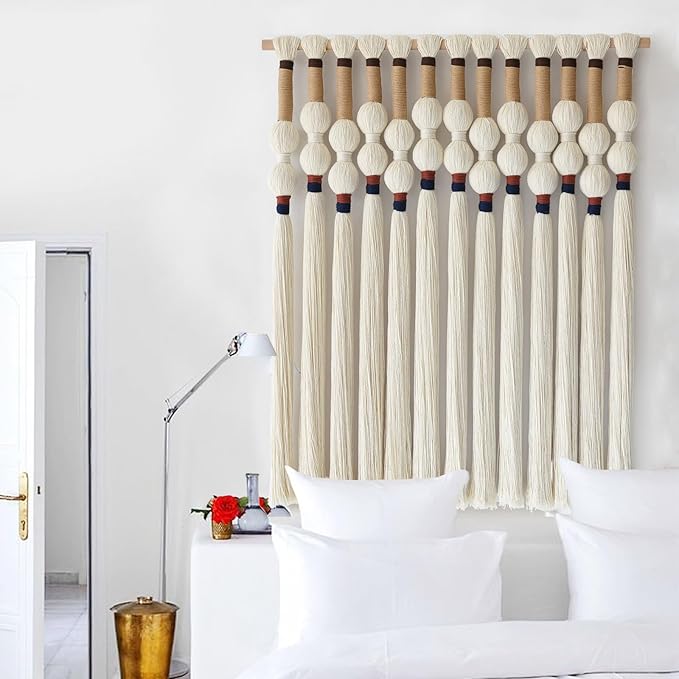 Macrame Wall Hanging Boho Wall Art Handmade Spherical Knot Design with Tassel Fringe, Boho Decor for Bedroom Living Room, for Home Decoration 27" W x 33" L-Ruum Studio Home