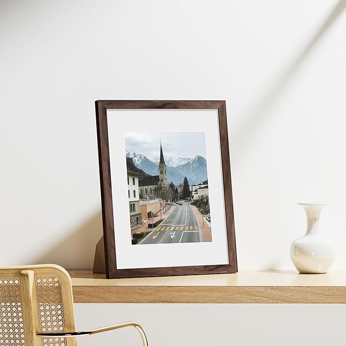 Vittanly 11x14 Picture Frames Set of 9, Shatter Resistant Plexiglass, Display 8x10 Pictures with Mat or 11x14 without Mat, Photo Frames for Wall or Tabletop, Engineered Wood, Walnut-Ruum Studio Home