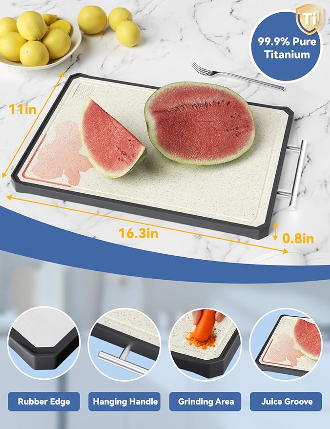 Titanium Cutting Boards for Kitchen, 2 in 1 Titanium Cutting Boards with JUICE GROOVE, Metal Chopping Board for Meat/Vegetables, Pure Titanium&Wheat Straw PP, Food-Grade, Dishwasher Safe16.3”×11”-1 PC-Ruum Studio Home