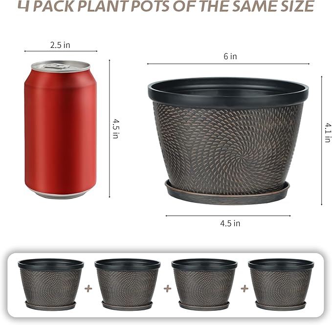 Quarut 4 Pack 6 Inch Flower Pots for Outdoor Indoor, Plastic Plant Pots with Drainage Hole & Saucer, Lightweight Small Flower Pot, Circle Pattern Planters for Garden House planters（Black Copper）-Ruum Studio Home