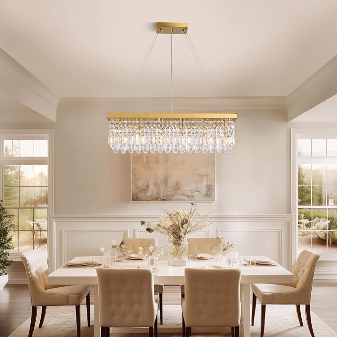 Modern Gold Crystal Chandelier,Rectangular K9 Crystal Raindrop Light Fixture,6 Light Rectangle Chandeliers for Dining Room Living Room Kitchen Island L31.5''xW10''xH10''-Ruum Studio Home