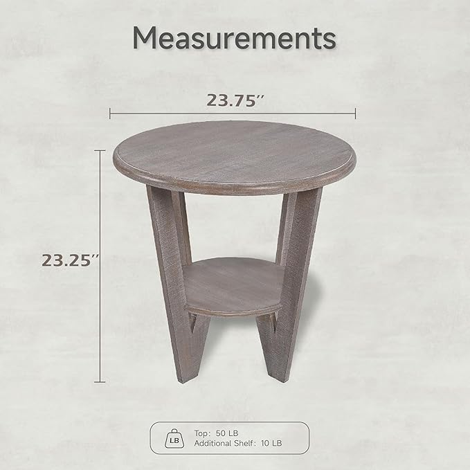Rustic Farmhouse end Table with Storage Shelf, French Country Accent Side Table for Family, Dinning or Living Room, Small Spaces, Modern, Round, Vintage Grey Finish-Ruum Studio Home